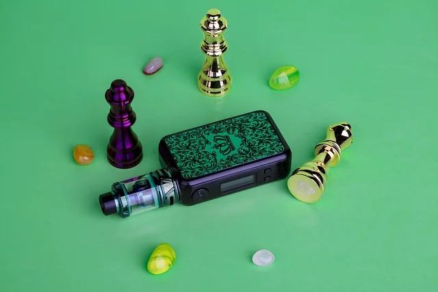A close-up of a bottle of 20mg vape juice next to a pod device, with ingredients label visible