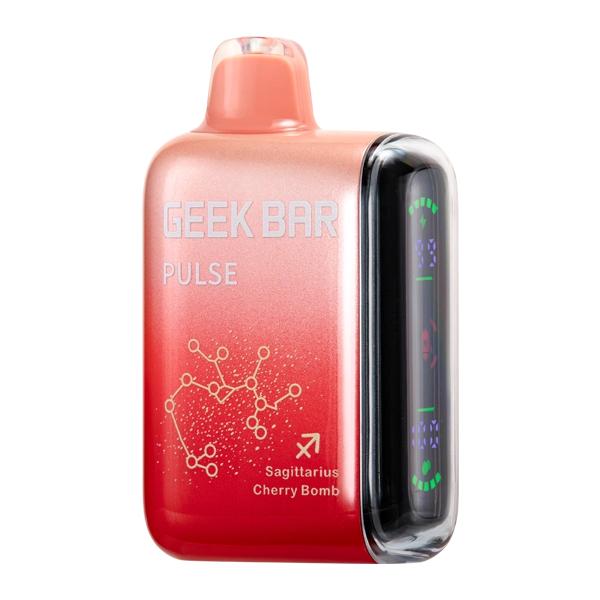 sour pink dust geek bar flavor device with pulse mode indicator light on a wooden table